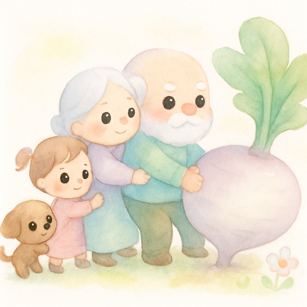 강아지, 손녀, 할머니, 할아버지가 줄지어 무를 뽑으려는 장면